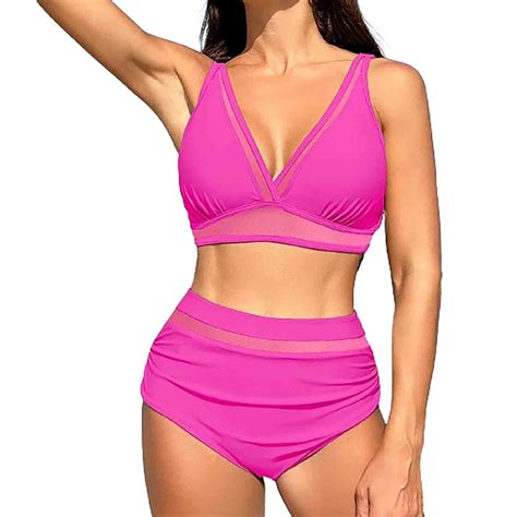 Summer Savings Abomasnow Womens High Waisted Bikini Sets Sexy Mesh V Neck Ruched Tummy