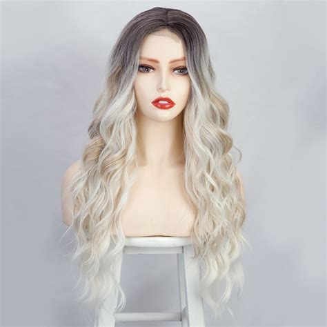 Ombre Brown Light Blonde Platinum Long Wavy Middle Part Hair Wig