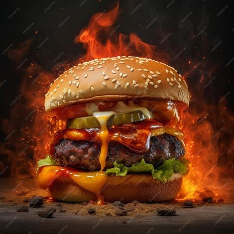 Premium AI Image | Beef burger with fire background Burger in fire ...