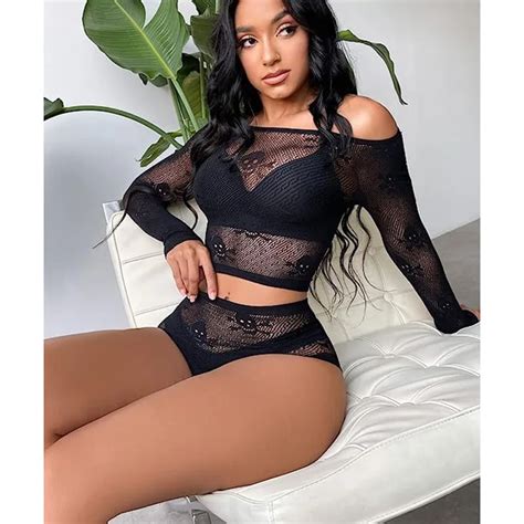 Women S Sexy Black Fishnet Off The Shoulder Lingerie Set Mesh Bodysuit With Lace Decoration And