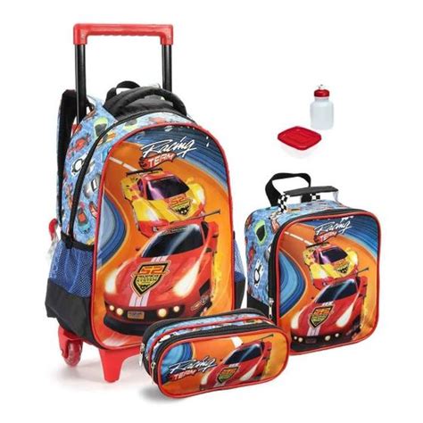 Kit Mochila Escolar Infantil Carrinho Carros Hot Racing Rodinhas Tam G