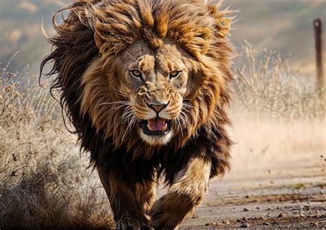 Premium Photo Big Male Lion Walking In The Savannah Namibia Africa