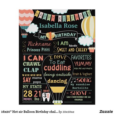 16x20 Hot Air Balloon Birthday Chalkboard Poster Zazzle Chalkboard