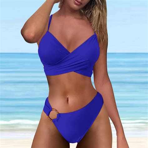 Teveq Women S High Waisted Bikini Sets Sporty Two Swimsuits Color Block High Cut V Neck B Swim