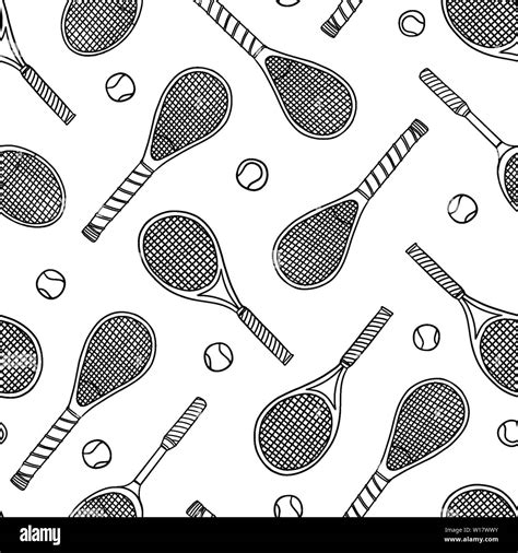 Tennis Racket And Balls Doodle Seamless Pattern Vector Illustration