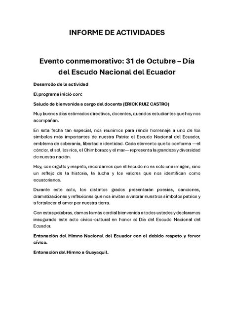 DISCURSO DEL DÍA DEL ESCUDO NACIONAL DEL ECUADOR - 31 DE OCTUBRE - Studocu