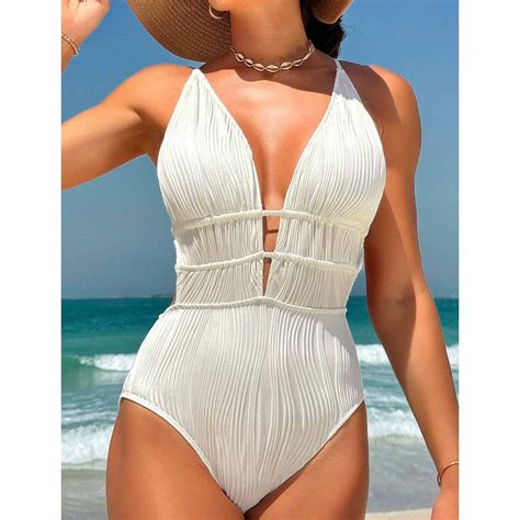 Generic New Bikini One Piece Women S Swimsuit Solid Color Conservative Backless Deep V