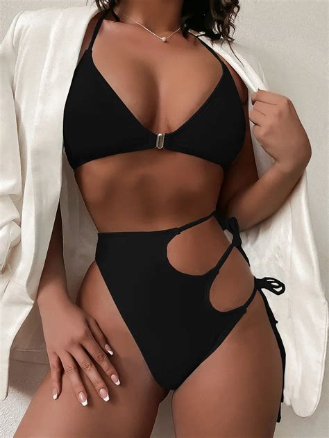 Women Sexy Deep V Neck Swimsuit High Waist Hollow Out Bandage Swimwear Female Solid Color Bikini