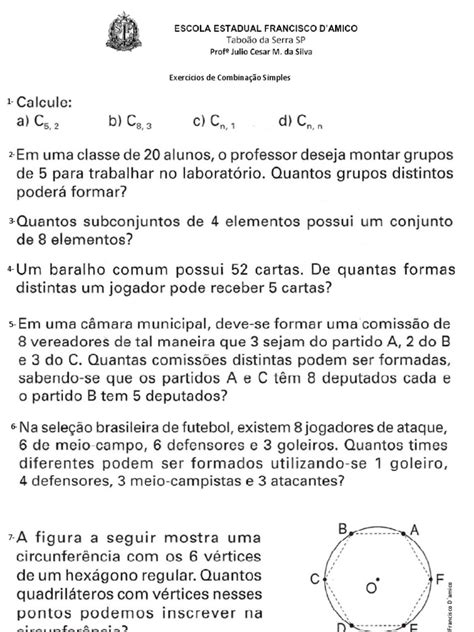Exercicio De Combinação Simples - Combinação Simples Exercícios | PDF