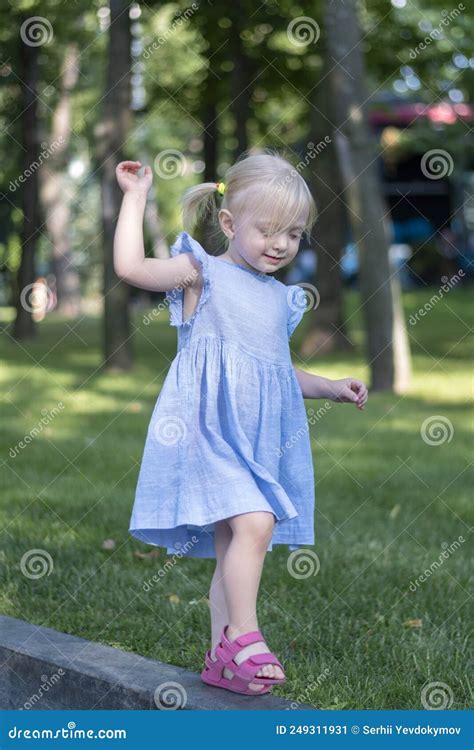 Portrait De La Petite Fille Blonde En Robe Bleue Dans Le Parc Enfant De Trois Ans En Robe De