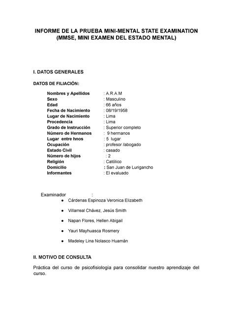 Informe Minimental Docx INFORME DE LA PRUEBA MINI MENTAL STATE