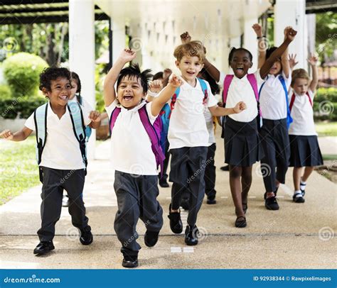 Kindergarten Students Running Cheerful After Class Stock Photo Image