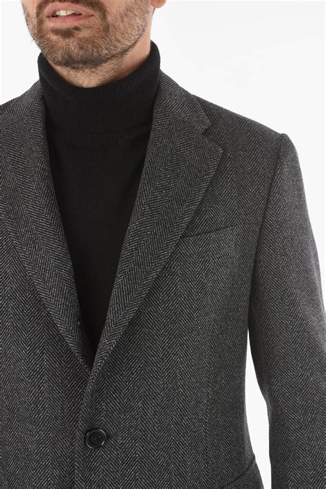 Corneliani Herringbone Wool Coat With Flap Pocket Men Glamood Outlet