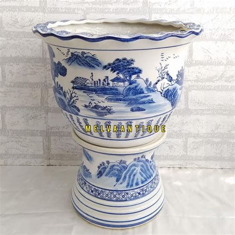 Jual Pot Tanam Keramik Biru Putih Motif Pemandangan Tinggi 46 Cm