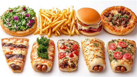 assorted fast food items including pizza burgers fries  hot dogs