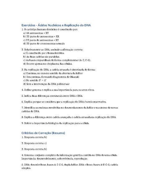 Exercícios sobre Ácidos Nucleicos e Replicação do DNA - Resumo - Studocu