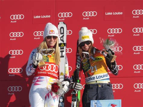 Lindsey Vonn And Julia Mancuso On The Podium After Finishing First And Third In The Super G