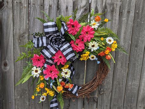 Spring Wreath, Summer Wreath, Front Door Wreath, Bright Pink Zinnia ...