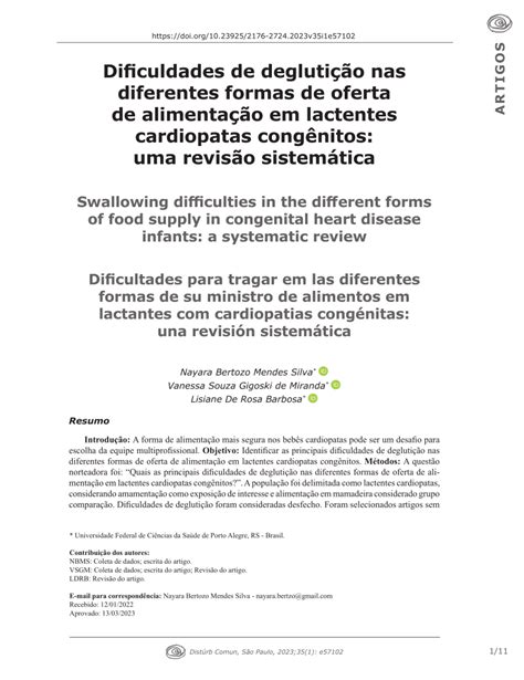 PDF Dificuldades de deglutição nas diferentes formas de oferta de