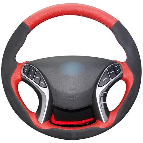 Red Natural Leather Black Suede Car Steering Wheel Cover For Hyundai