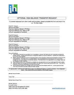 Fillable Online Optional Visa Balance Transfer Request Ih Credit