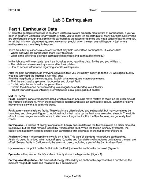 SOLUTION ERTH 20 Earthquakes Earthquake Data Lab Report Studypool