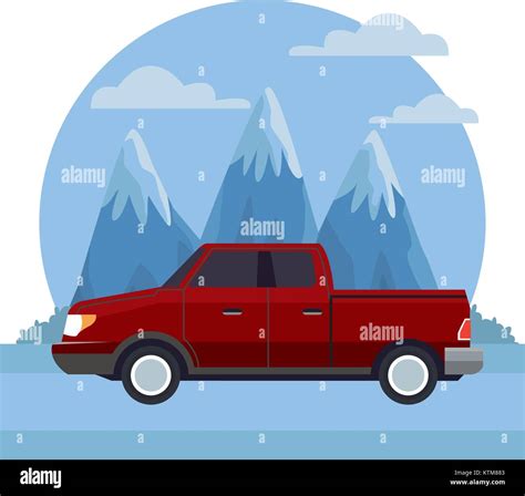 Pick Up Vehicle Between Mountains Landscape Icon Vector Illustration