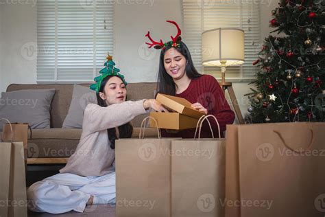 Lesbian Partners Bonding Over Opening Holiday Packages Festive Unboxing Concept 52458581 Stock