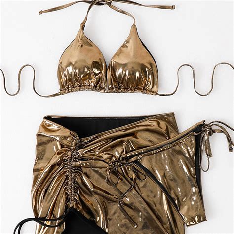 2023 New Design Hot Sexy Solid Color Gilded Glossy Lace Up Cover Up 3 Piece Set Swimsuit Bikini