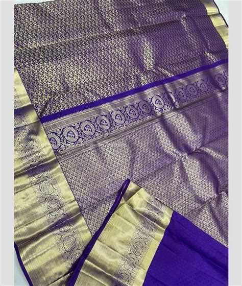 Navy Blue And Golden Color Kanchi Pattu Handloom Saree With Jari Border