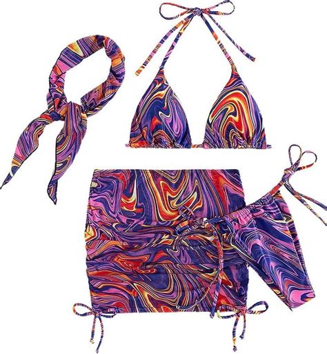 Soly Hux Women S Piece Swimsuits Triangle Bikini Bathing Suits With Mesh Beach Skirt Bandana