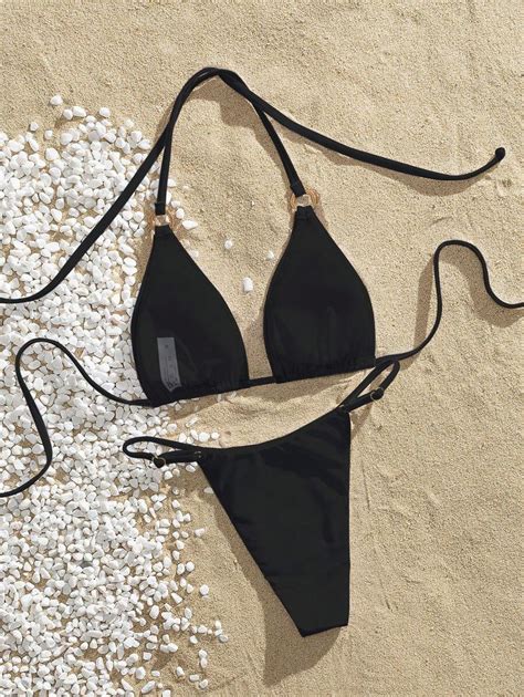 Pcs Sexy Women S Triangle Cup Halter Asymmetric Round Ring Solid Color Bikini Swimsuit Set