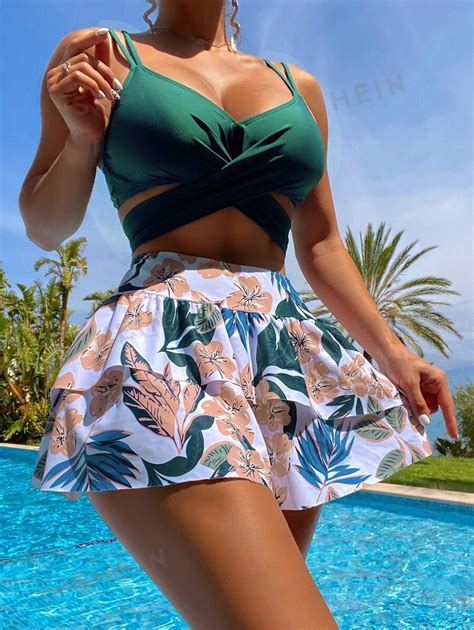 Shein Swim Paquetes De Bikini Con Estampado Tropical Al Azar Con Tirantes Cruzados Y Lazos En