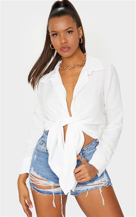 White Textured Tie Front Shirt Tops Prettylittlething Il