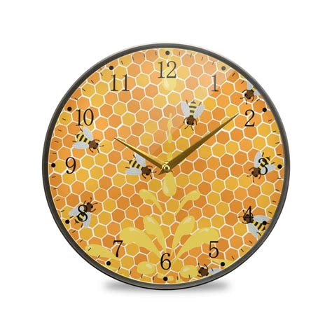 Honey with Bees Yellow Acrylic Wall Clocks Quiet Round Clock Battery