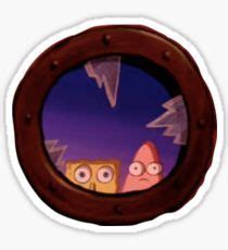 An Oval Window With Two Cartoon Characters Looking Out At The Sky And