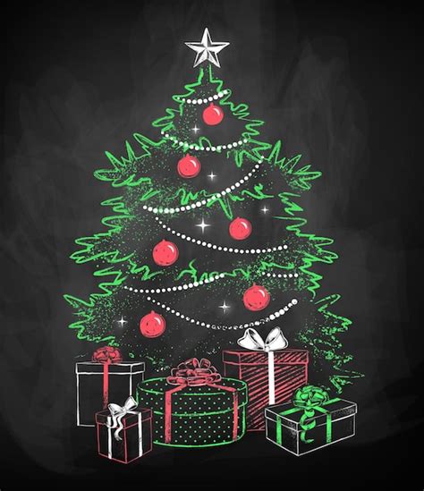 Bosquejo de tiza del árbol de navidad con cajas de regalo Vector Premium