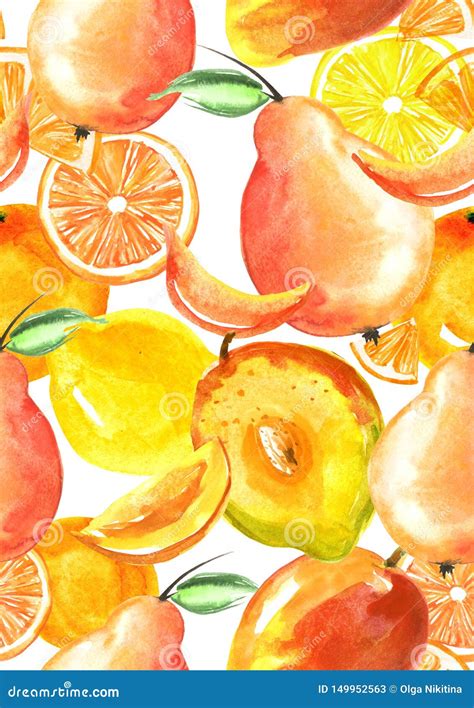 Vintage Seamless Pattern With Watercolors From Tropical Fruit Citrus