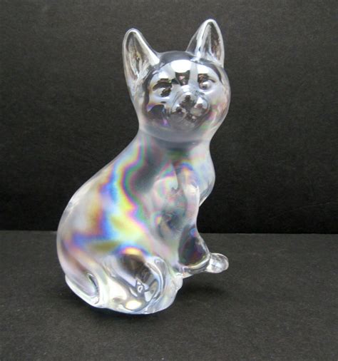 Fenton Stylized Clear Iridescent Carnival Glass Feline Cat Figurine