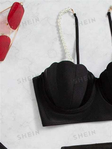 Shein Vcay Summer Beach Pearl Embellished Bikini Set Push Up Shell Bra Bikini Bottom Beach