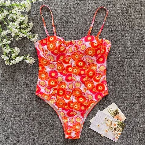 2022 New One Piece Swimwear Printed Square Bikini Sexy European And