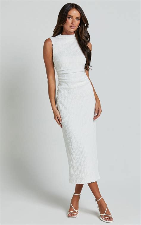 Aleks Midi Dress - High Neck Bodycon Dress in Off White | Classy white