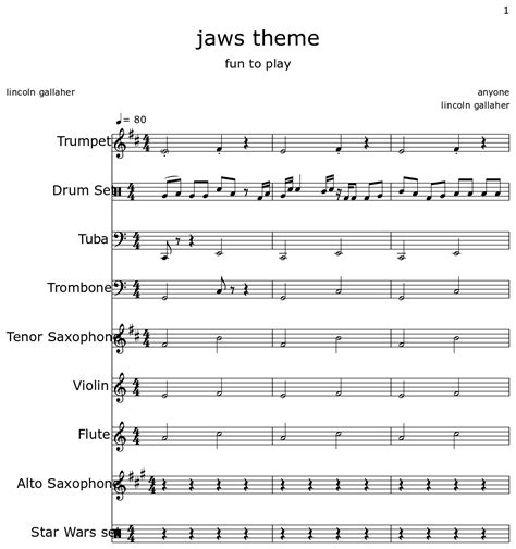 jaws theme - Sheet music for Trumpet, Drum Set, Tuba, Trombone, Tenor Saxophone, Violin, Flute ...