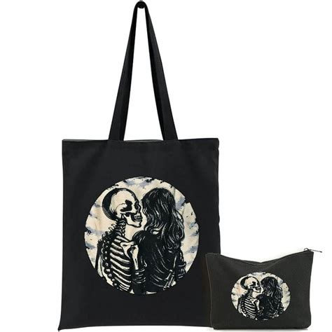 Qzhh Aesthetic Tote Bags Lesbian Couple Lgbtq Pride Skeletons Kissing Valentine S Day Pcs
