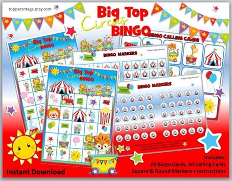 Circus Bingo Game Big Top Carnival Printable Party Game Picture Bingo