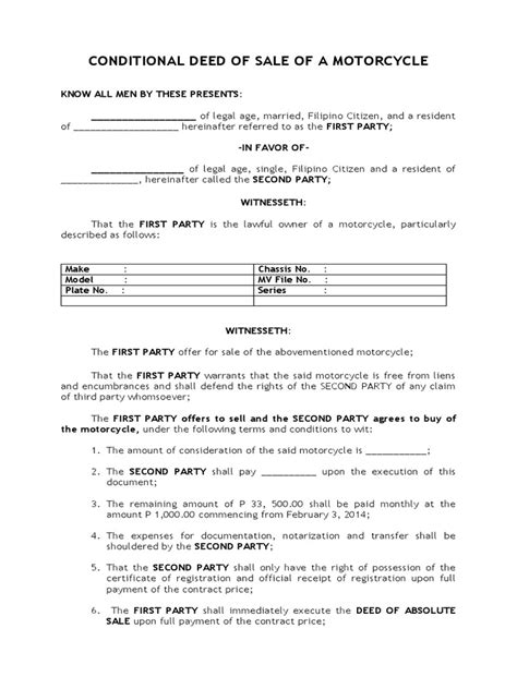 Conditional Deed Of Sale Of A Motorcycle Pdf Deed Business Law