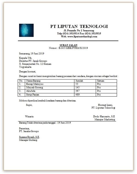 Contoh Surat Jalan Membawa Barang