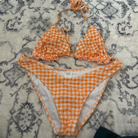 Orange And White Gingham Bikini Set Sizes Top L Depop