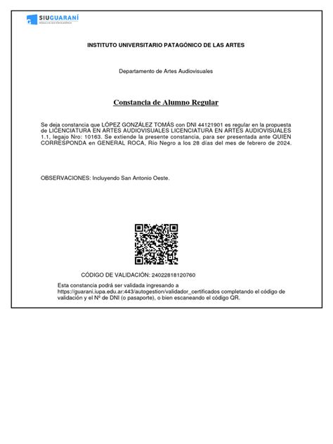 Certificado De Alumno Regular Pdf