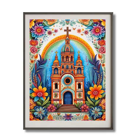 Mexican Village Church Painting, Flower Market, Mexico Pattern Folk Art